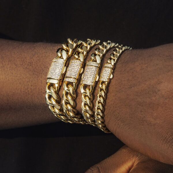 8mm/10mm/12mm/14mm 8'' Stainless Steel Micro-paved Spring Buckle Cuban Bracelet In Gold