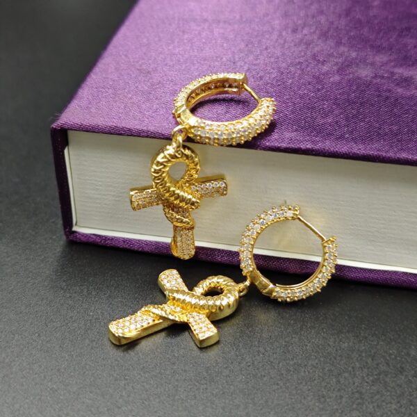 Ankh Huggie Hoop Religious  Earrings 925 Sterling Silver Yellow Gold Plated
