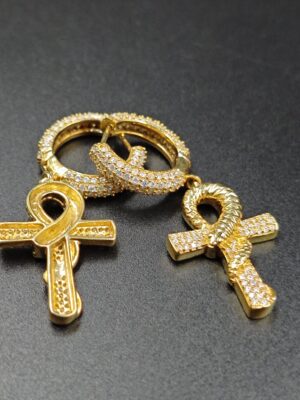 Ankh Huggie Hoop Religious  Earrings 925 Sterling Silver Yellow Gold Plated
