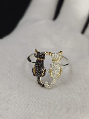 Two Black And White Moissanite Diamonds Cat Ring 925 Silver